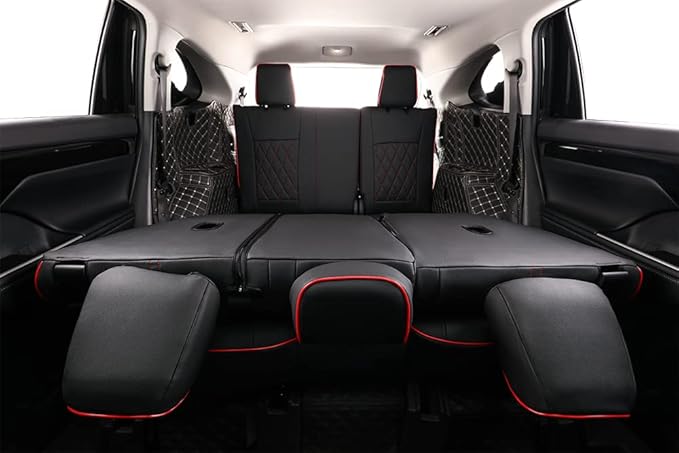 EKR Highlander Seat Covers for Toyota Highlander 2014 2015 2016 2017 2018 2019,2nd Row 40/60 Split,Car Seat Protectors for Trucks,Leather Car Seat Cover Full Set-Faux Leather(Black with Red Trim)