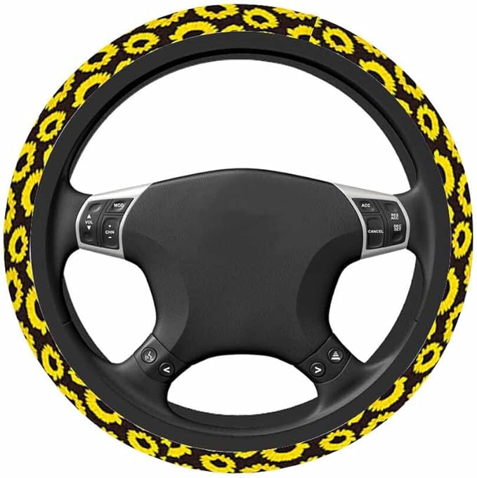 Sunflower Elastic Steering Wheel Cover Yellow Sunflower on Black Background Steering Wheel Cover Anti Slip Protective Case Universal Stretch Steering Protector