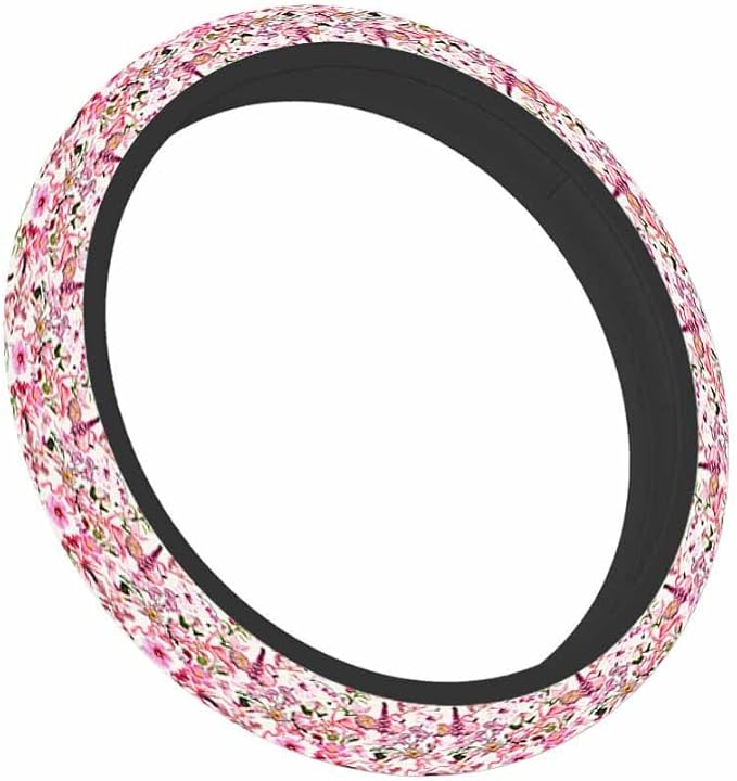 Pink Roses Elastic Steering Wheel Cover Many Kinds of Blooming Tropical Flowers Steering Wheel Cover Anti Slip Protective Case Universal Stretch Steering Protector