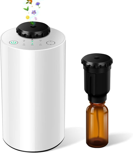 Waterless Essential Oil Diffuser Aromatherapy Scent Diffusers for Home Large Room, Bedroom, Car, Office, Desk, Battery Operated Mini Portable Air Freshener,4 Timers & 3 Mist Levels (White)