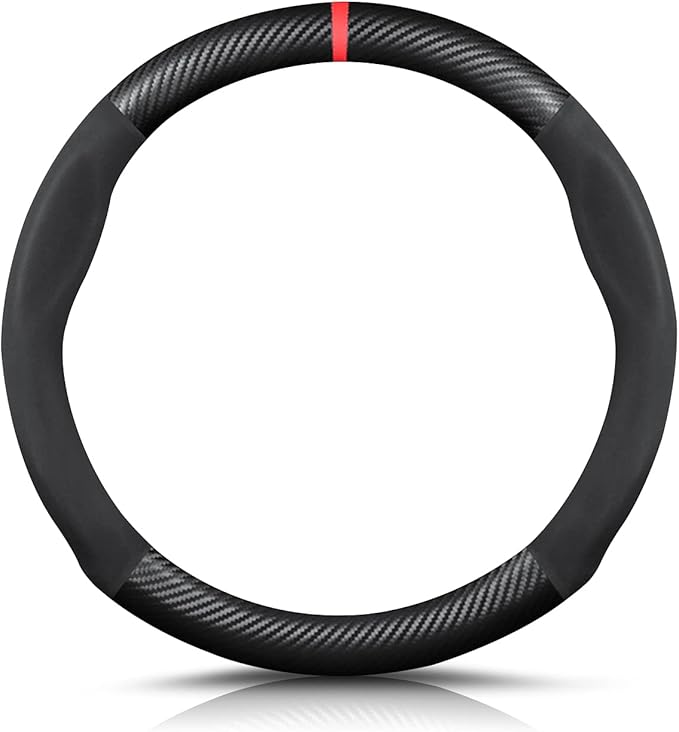 Ergocar Round Shape Carbon Fiber & Microfiber PU Leather Steering Wheel Cover Anti-Slip Car Steering Wheel Protector Breathable Sweat Absorbent Sport for Diameter 38cm（15"）-Black Red