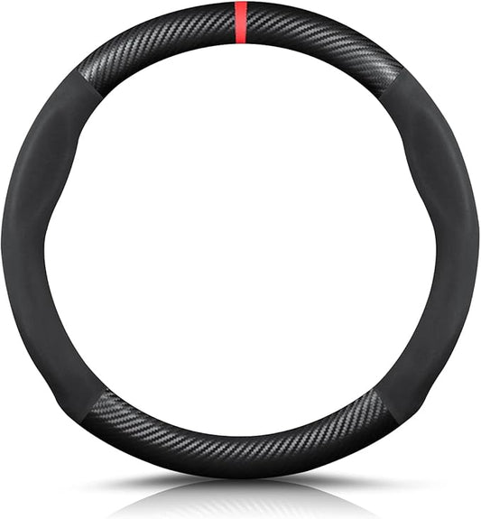 Ergocar Round Shape Carbon Fiber & Microfiber PU Leather Steering Wheel Cover Anti-Slip Car Steering Wheel Protector Breathable Sweat Absorbent Sport for Diameter 38cm（15"）-Black Red
