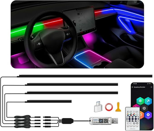 Acrylic Ambient Lighting Car Interior Kit, 4 in 1 Dream Color Acrylic Led Strips Fiber Optic Lights with APP, 116 inches USB Flexible Neon Music Sync 16 Million Colors Dashboard Decorations