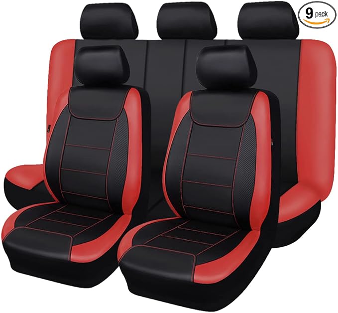 Flying Banner car seat Covers Protects Water Proof Faux Leather Carbon Fiber Front and Rear Bench (Red Black, Full Set - 9PCS)