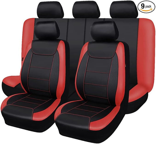 Flying Banner car seat Covers Protects Water Proof Faux Leather Carbon Fiber Front and Rear Bench (Red Black, Full Set - 9PCS)