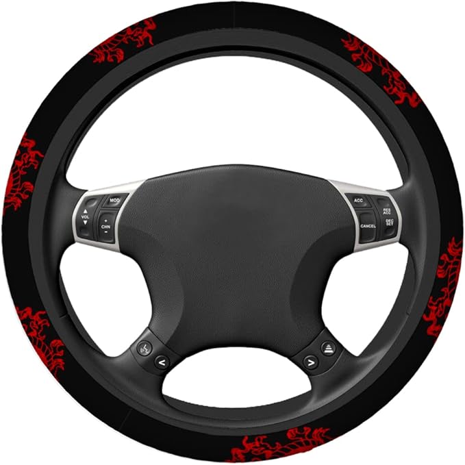 Swono Dragon Red Universal Neoprene Steering Wheel Cover Abstract Chinese Dragon Red Black 15 Inch Steering Wheel Covers,Printed Steering Wheel Elastic Protection for Women and Girls