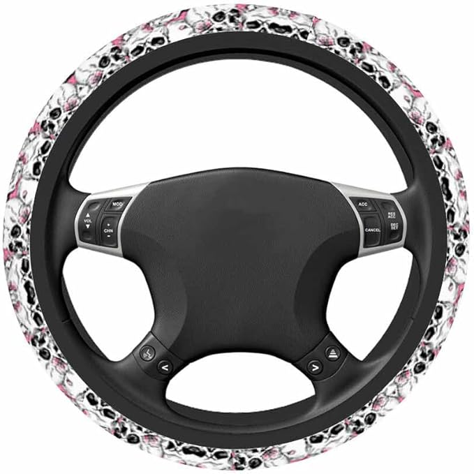 Skull and Flowers Car Steering Wheel Cover Pink Cherry Blossom Steering Wheel Cover Car Decor Suitable for Most Vehicles Including Trucks and SUV