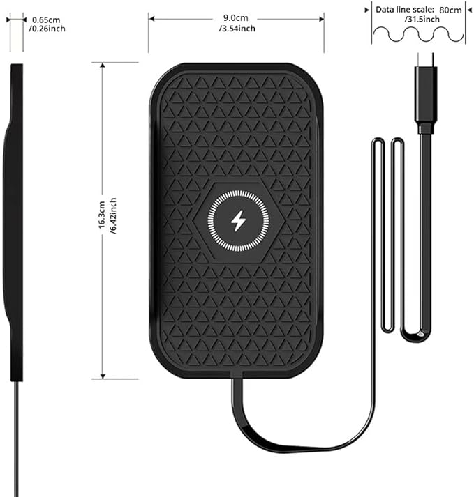 Wireless Car Charger Silicone Pad, for iPhone12/11 Pro/XS/XR/8/8Plus,15W Fast Car Wireless Charging Non-Slip Mat, for Samsung S21/S22/S23/S24/S25/Androids,80cm Cable, Black