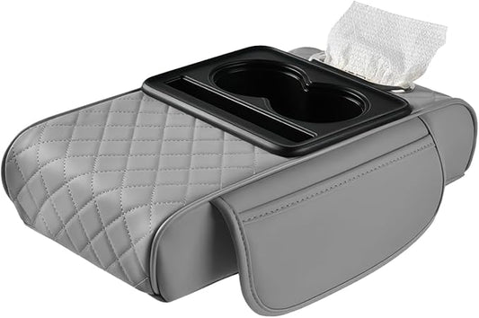 LEIWOOR 4-in-1Car Center Console Organizer with Height-Adjustable Armrest Pad - Leather Storage Box, Pillow Cushion & Protective Cover, Universal Interior Accessories(Grey, Large)