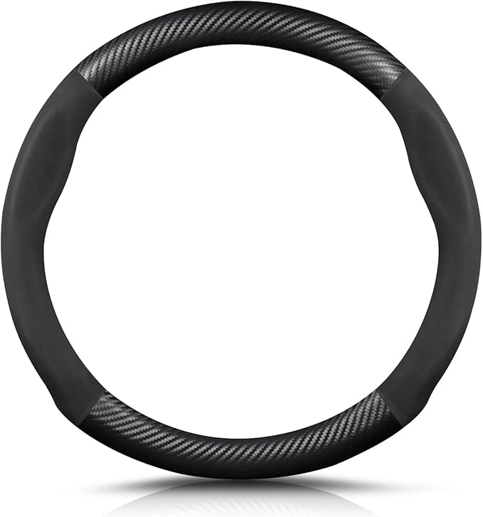 Ergocar Round Shape Carbon Fiber & Microfiber PU Leather Steering Wheel Cover Anti-Slip Car Steering Wheel Protector Breathable Sweat Absorbent Sport for Diameter 38cm（15"）-Black