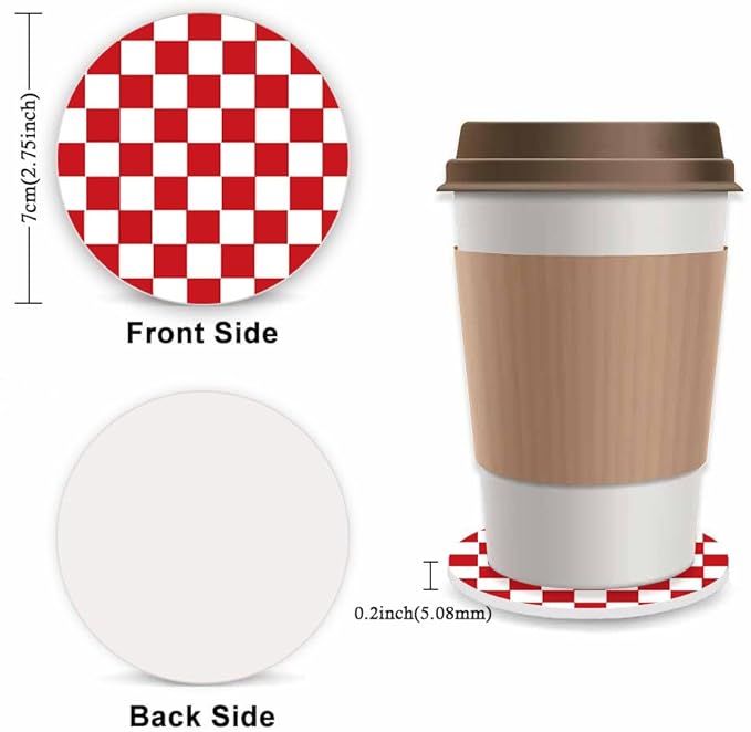 Red and White Checkered Steering Wheel Cover for Women, Universal Auto Steering Wheel 14-15 Inch Car Interior Accessories with 2PCS Car Coasters, Suitable for Men and Women