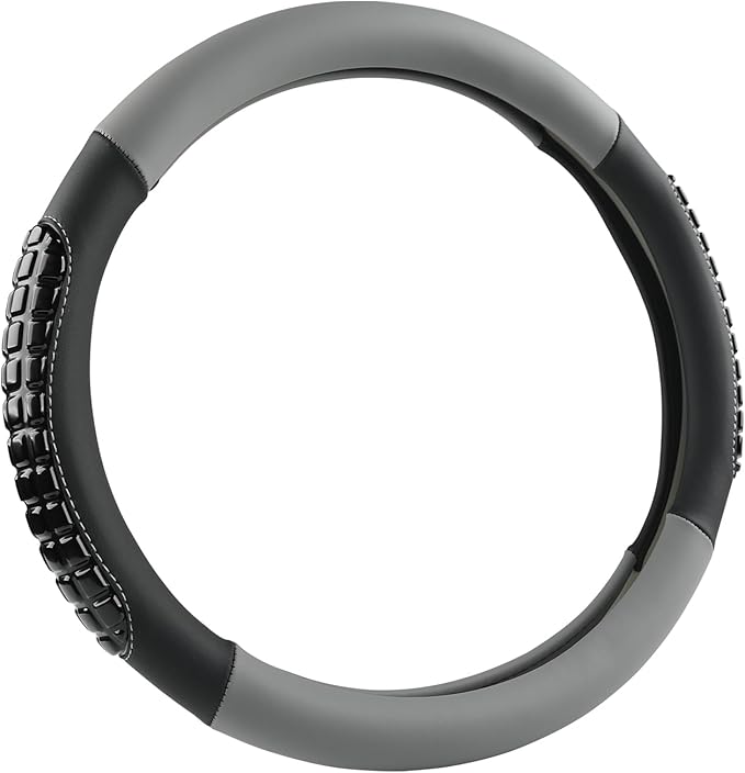 West Llama Nappa Leather Car Steering Wheel Cover Gel Massage,Cool in Summer,Universal 15 inch(Gray+Black-Standard Size)