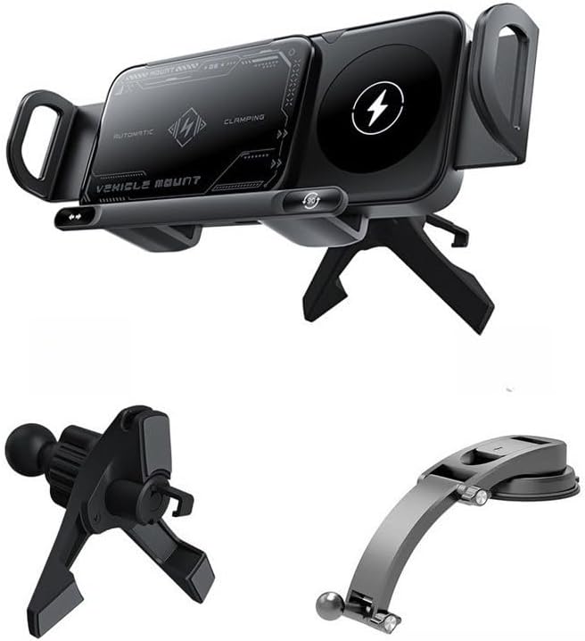 15W Fast Wireless Car Charger Mount with Auto Rotation, Hands-Free Phone Holder for Dashboard, Compatible with Most Phones (Black,Base + Suction Cup)