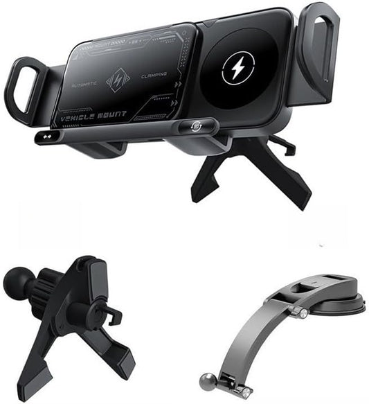 15W Fast Wireless Car Charger Mount with Auto Rotation, Hands-Free Phone Holder for Dashboard, Compatible with Most Phones (Black,Base + Suction Cup)