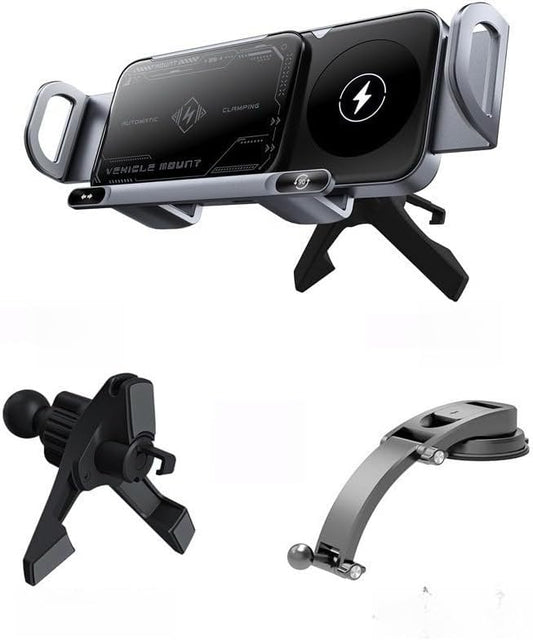 15W Fast Wireless Car Charger Mount with Auto Rotation, Hands-Free Phone Holder for Dashboard, Compatible with Most Phones (Gray,Base + Suction Cup)