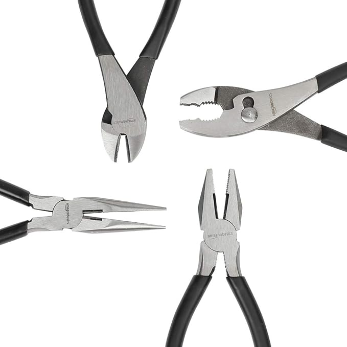 Amazon Basics Pliers Set, Hand Tools for Precision, Set of 4, Black and Silver
