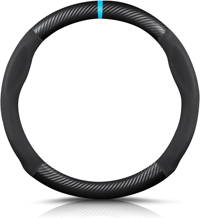Ergocar Round Shape Carbon Fiber & Microfiber PU Leather Steering Wheel Cover Anti-Slip Car Steering Wheel Protector Breathable Sweat Absorbent Sport for Diameter 38cm（15"）-Black Blue