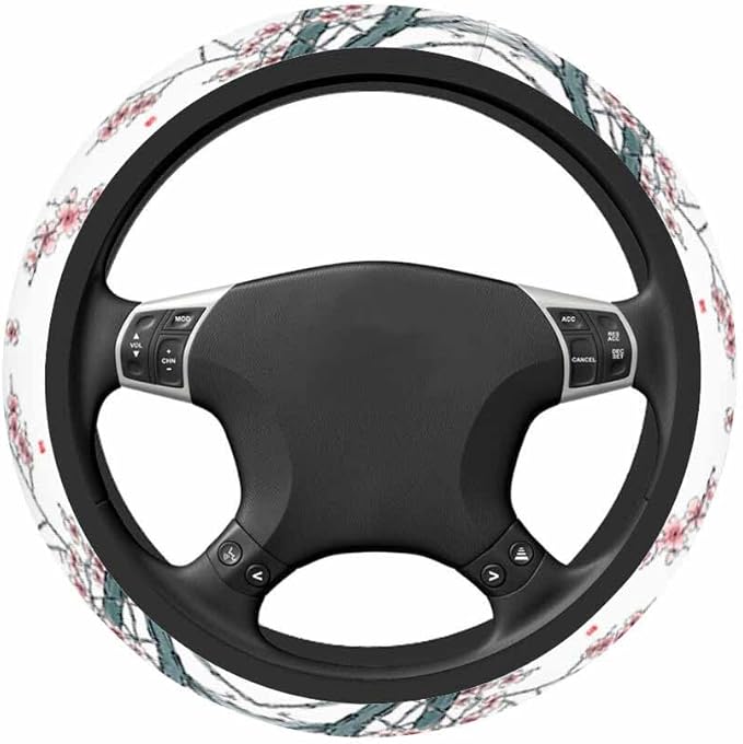 Plum Blossoms Steering Wheel Cover Branches and Pink Flowers Steering Wheel Cover for Women Men Anti-Slip Breathable Steering Wheel Protector Car Accessories