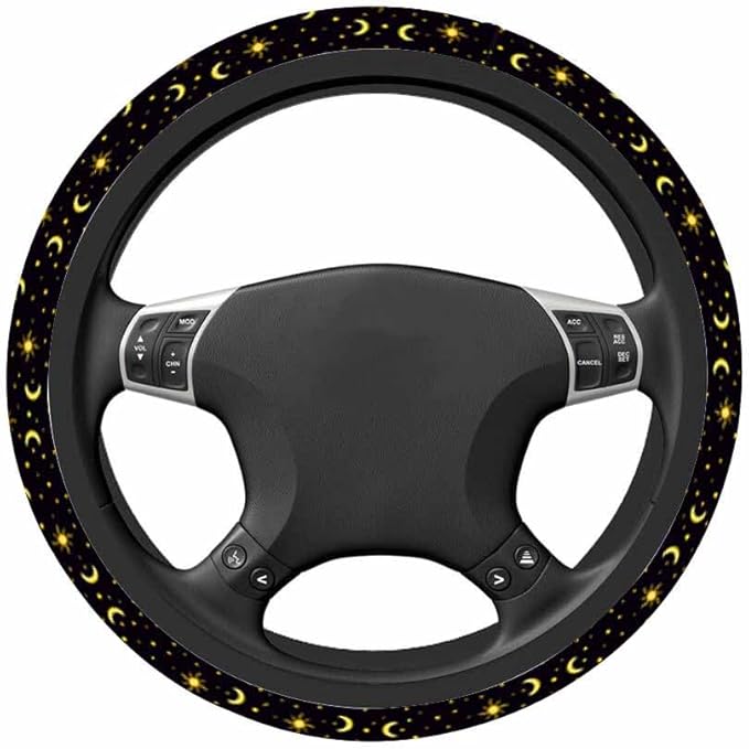 Sun Stars and Moon Elastic Steering Wheel Cover Night Sky on Black Background Steering Wheel Cover Anti Slip Protective Case Universal Stretch Steering Protector