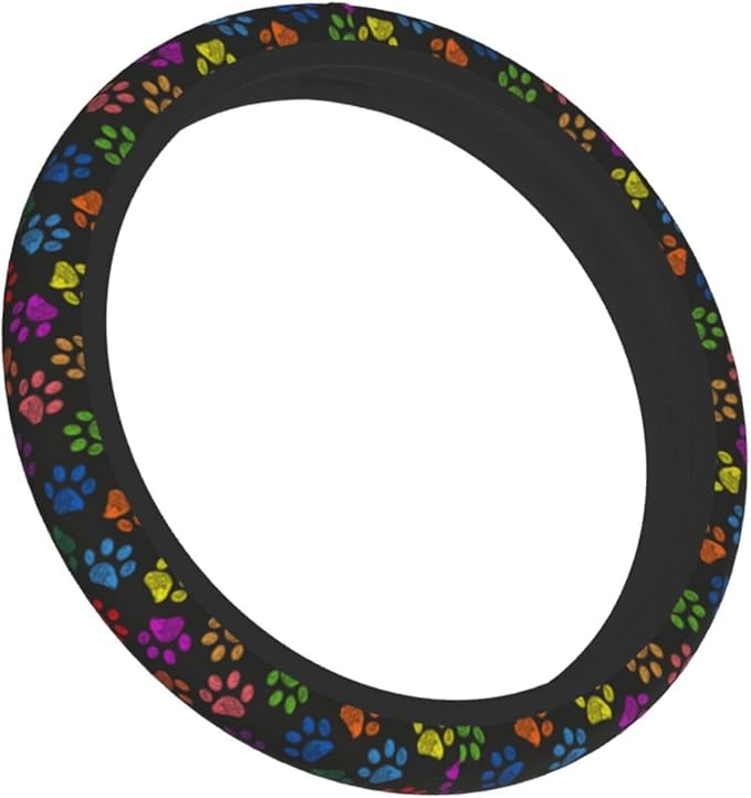 Paw Prints Steering Wheel Cover with 2 Car Coasters Non Slip Neoprene for Women Men Universal 15 Inch