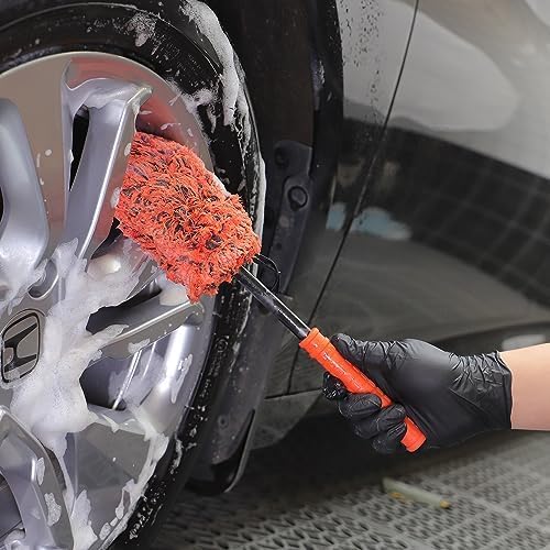 SPTA Car Wheel Brush Set, 2Pcs Microfibre Rim Brush with Extra 2 Large and 2 Small Interchangeable Microfiber Covers, Rim Cleaner Brush for Wheel Cleaning, Wheel Cleaning Brush for All Wheel Types