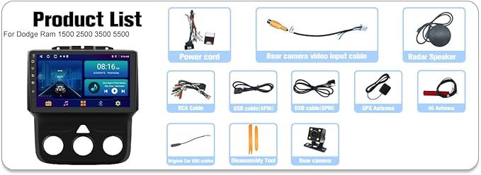 Radio for RAM 1500 2500 3500: 256G Car Stereo with Bluetooth AM FM Carplay Auto for Dodge Truck, 9" Aftermarket Touch Screen Android System Head Unit Replacement with Backup Camera FMAM GPS for Apple