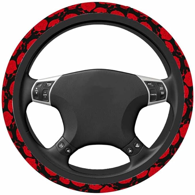 Human Skull Car Steering Wheel Cover Sinister Smiling Skull in Retro Style with Handwritten Text Steering Wheel Cover Car Decor Suitable for Most Vehicles Including Trucks and SUV