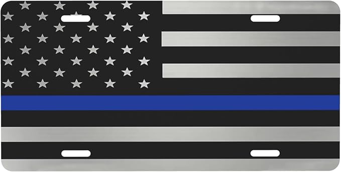 Silver Metallic Thin Blue Line American Flag Front License Plate Aluminum Decorative License Plates Funny Metal Car Plate 6"X12" Novelty Vanity Tag Cover with 4 Holes Car Decor Accessory