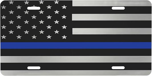 Silver Metallic Thin Blue Line American Flag Front License Plate Aluminum Decorative License Plates Funny Metal Car Plate 6"X12" Novelty Vanity Tag Cover with 4 Holes Car Decor Accessory
