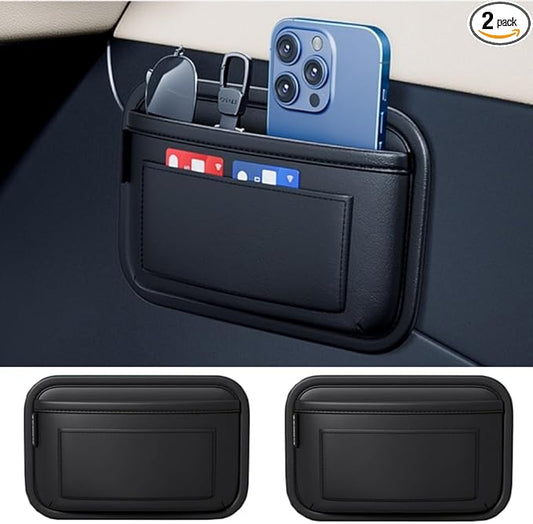 Tumecos Car Storage Bag Leather Small Debris Organizer Hanging Cell Phone Mobile Paste Type Bag for Stowing Tidy Universal Accessories（BlackA-2pcs）