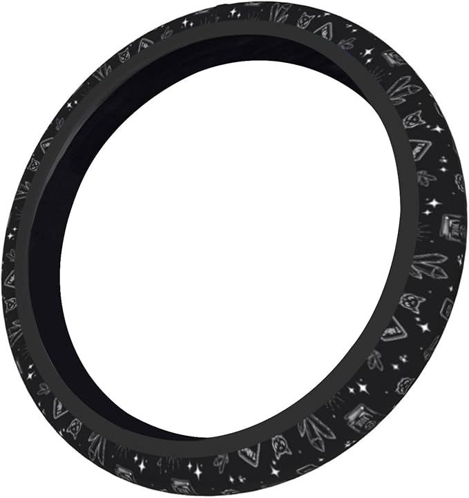 Gothic Skull Cat Steering Wheel Cover for Women, Cute Breathable Anti Slip Stretch Neoprene Car Protector Accessories Universal 15 Inch-Black (Tarot, Spell Book)