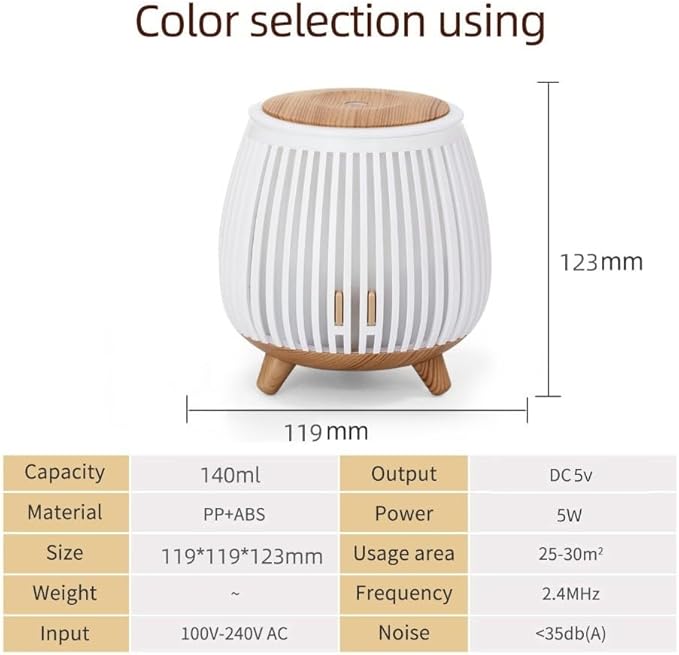 Essential Oil Diffuser Humidifier 140 mL with LED Mood Light,Quiet Aromatherapy Air Freshener for Bedroom,Office,Car or Travel,White