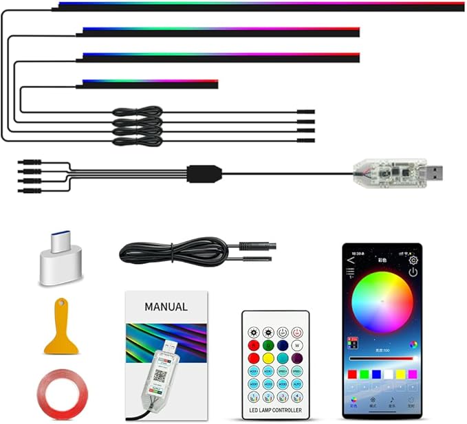 Ambient Lighting Car Led Lights Interior with APP, USB Powered Acrylic Neon Flexible Strip Fiber Optic LED Ambient Lighting kit,4 in 1 RGB Sound Active Music Lights Sync Car Decorations