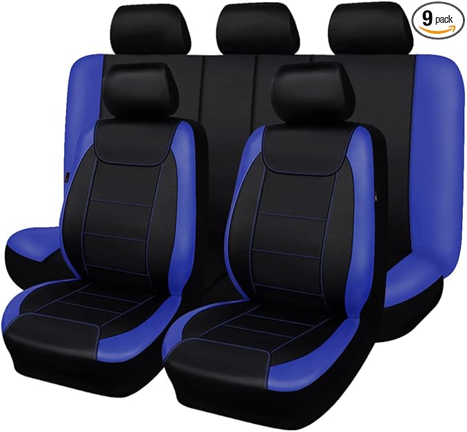 Flying Banner car seat Covers Protects Water Proof Faux Leather Carbon Fiber Front and Rear Bench (Blue Black, Full Set - 9PCS)