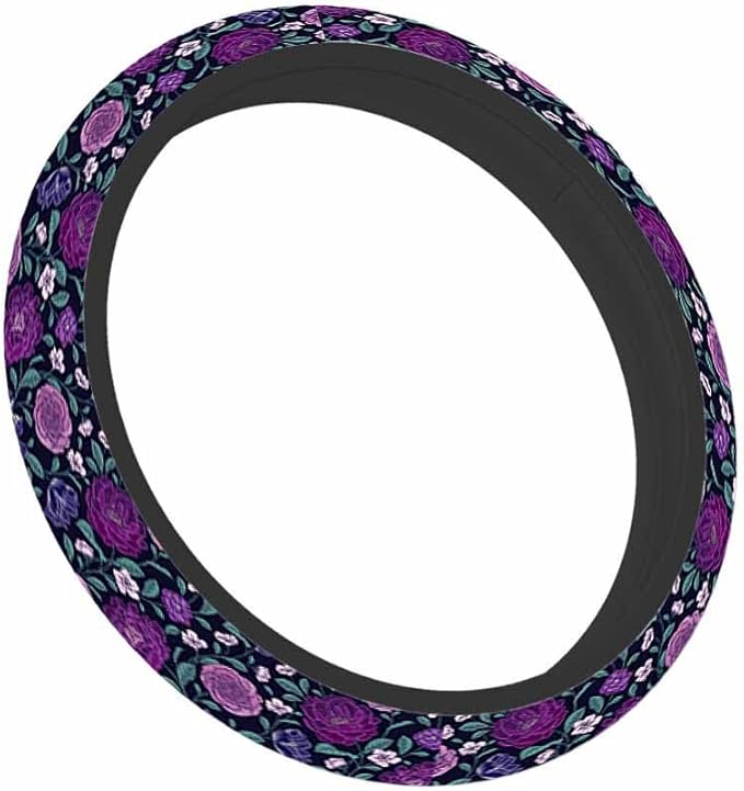 Peony Car Steering Wheel Cover Purple Flowers and Green Leaves Steering Wheel Cover Car Decor Suitable for Most Vehicles Including Trucks and SUV
