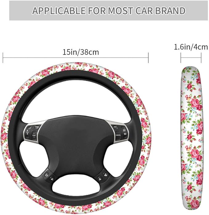 Swono Rose and Leaves Pink Car Steering Wheel Cover Universal 15 Inch with Grip Contours Beautiful Floral Pattern with Red Rose Neoprene Auto for Men and Women Non-Slip Breathable Soft