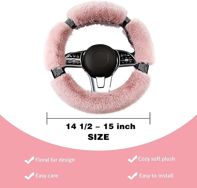 Fluffy Steering Wheel Cover for Women with Bling Crystal Diamond, Warm & Anti-Slip Plush Fur, Cute Girly Car Interior Decor Accessory, Universal Fit for 14.5-15 Inch Wheels (Pink)