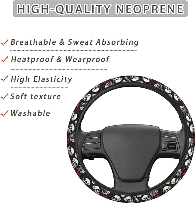 Rock Roll Skull Skeleton Love Music Steering Wheel Covers Anti-Slip Elasticity Car Accessories Steering Wheel Protector Universal 15 Inch for Cars SUV Vehicle Truck