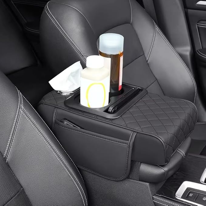 Multifunctional PU Leather Car Armrest Box Mat with Central Elbow, 2026 New Car Armrest Storage Box with Cup Holder, Tissue Box Slot, Phone Slot, Universal Fit (Yellow)