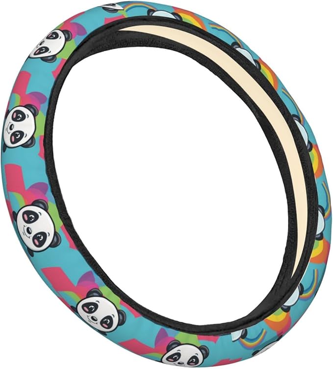 Rainbow Cartoon Cute Panda Steering Wheel Covers Anti-Slip Elasticity Car Accessories Steering Wheel Protector Universal 15 Inch for Cars SUV Vehicle Truck