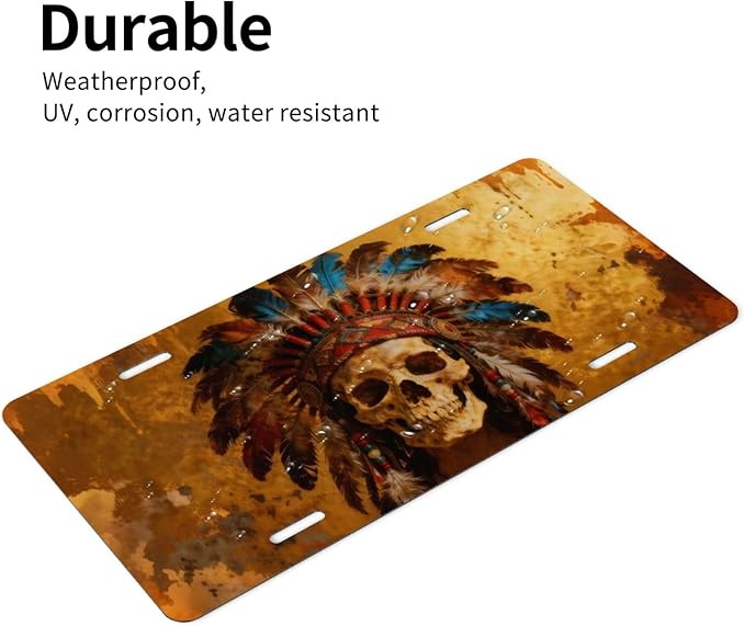 Native American Skull Feathered Hat Front License Plate Car Decorative License Plates Aluminum Metal Decor Accessory Novelty Vanity Tag Cover with 4 Holes for Men Women 6" X 12"
