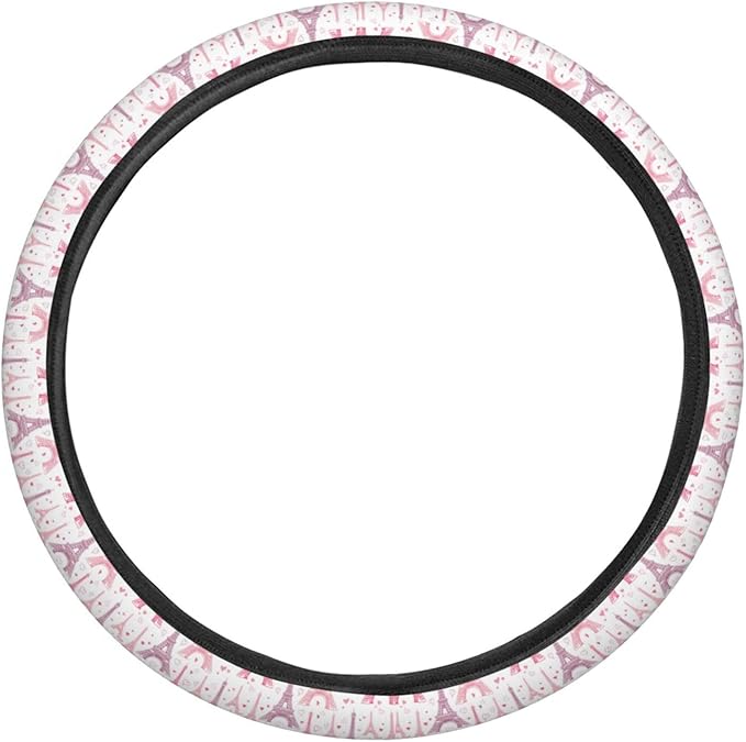 Dujiea Pink Eiffel Tower Elastic Stretch Steering Wheel Cover, Anti-Slip and Durable Car Steering Wheel Accessories for Women Men, 15 Inch Universal Fit Car, Truck, SUV
