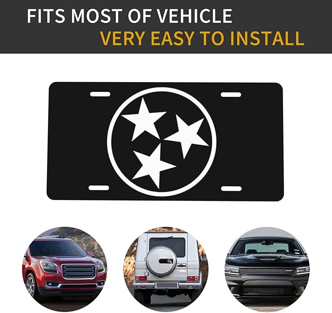 Tennessee Flag Black Tri-Star Volunteers Front License Plate Aluminum Decorative License Plates Funny Metal Car Plate 6"X12" Novelty Vanity Tag Cover with 4 Holes Car Decor Accessory