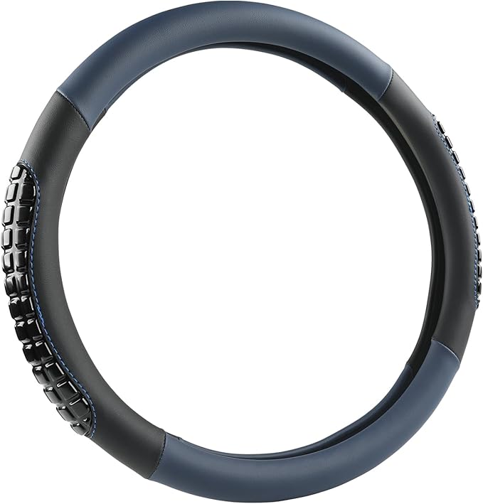 West Llama Nappa Leather Car Steering Wheel Cover Gel Massage,Cool in Summer,Universal 15 inch(Blue+Black-Standard Size)