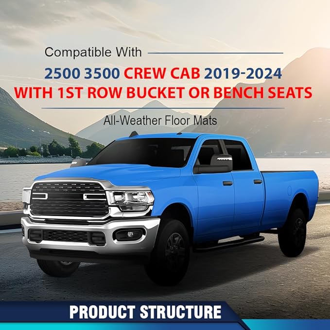 PIT66 Floor Mats Cargo Liners Compatible with Dodge Ram 2500 3500 Crew Cab 2019-2024 with 1st Row Bucket or Bench Seats 1st and 2nd Row All Weather TPE Liner Accessories