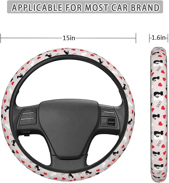 Dujiea Cats On A Love Elastic Stretch Steering Wheel Cover, Anti-Slip and Durable Car Steering Wheel Accessories for Women Men, 15 Inch Universal Fit Car, Truck, SUV