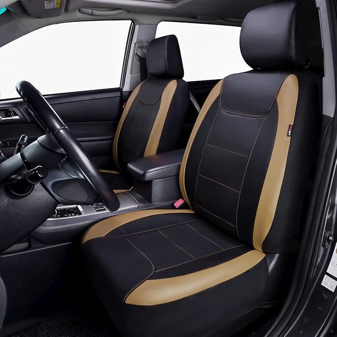 Flying Banner car seat Covers Protects Water Proof Faux Leather Carbon Fiber Front and Rear Bench (Black Beige, Full Set - 8PCS)