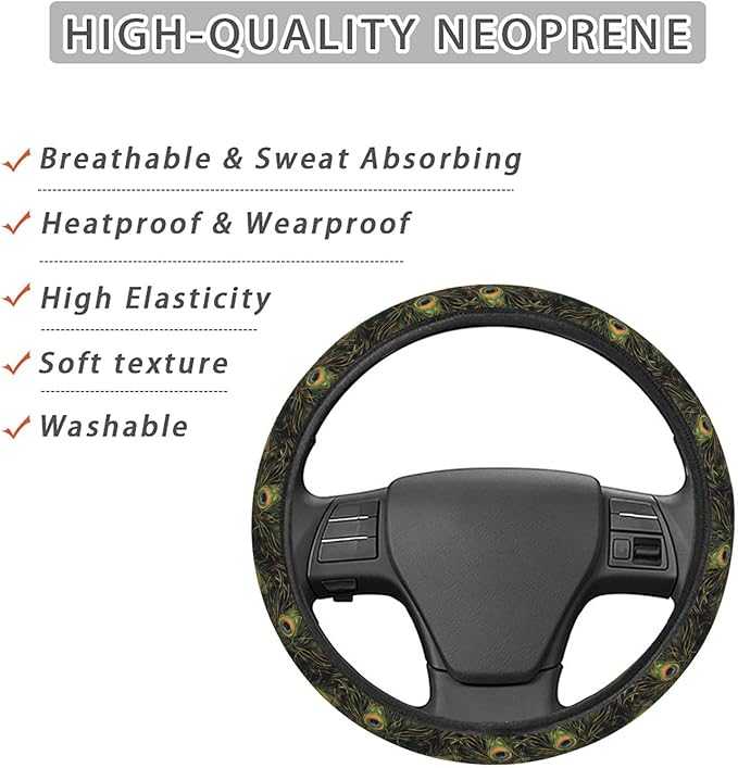 Peacock Feather Art Steering Wheel Covers Anti-Slip Elasticity Car Accessories Steering Wheel Protector Universal 15 Inch for Cars SUV Vehicle Truck