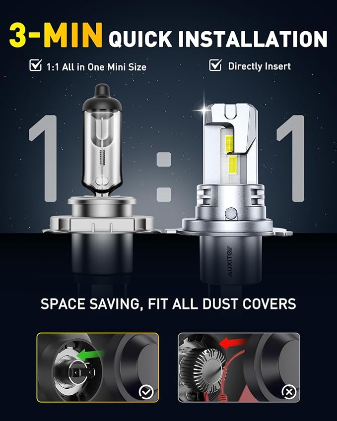 AUXITO H4 Light Bulb, 50000LM 900% Super Brighter, Real 1:1 Size, 9003/HB2 LED Fog Light for Night Driving, 6500K Cool White, 50000Hrs Long Service Life, Plug and Play, Pack of 2