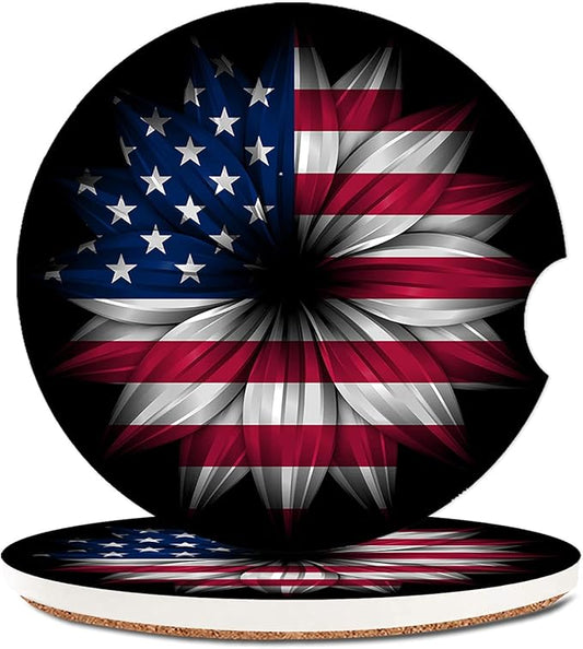 USA Flag Flower Absorbent Cup Holders Car Coasters,Ceramic Stone Drinks Coaster Set for Women Man 2.56"(2 Pack)